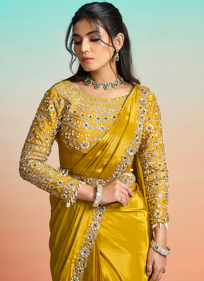 Mustard Satin Silk Embroidery Work Festival Wear Readymade Saree SW376745