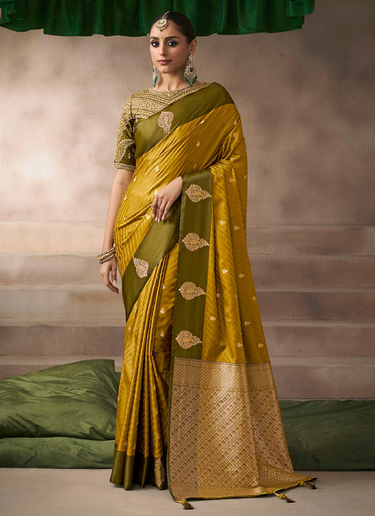 Satin Silk Mustard Saree with Zari Work for Wedding Wear 383513