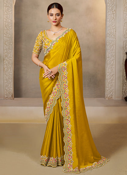 Satin Silk Mustard Wedding Wear Embroidery Work Saree 386112