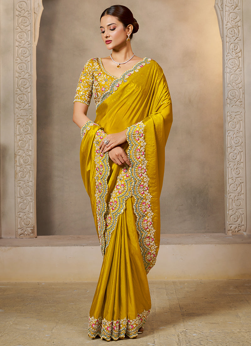 Satin Silk Mustard Wedding Wear Embroidery Work Saree 386112