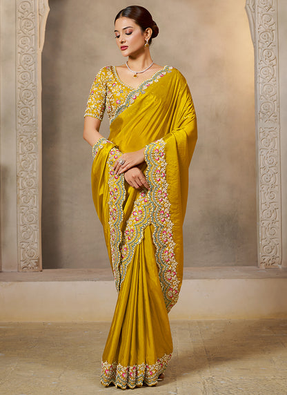 Satin Silk Mustard Wedding Wear Embroidery Work Saree 386112