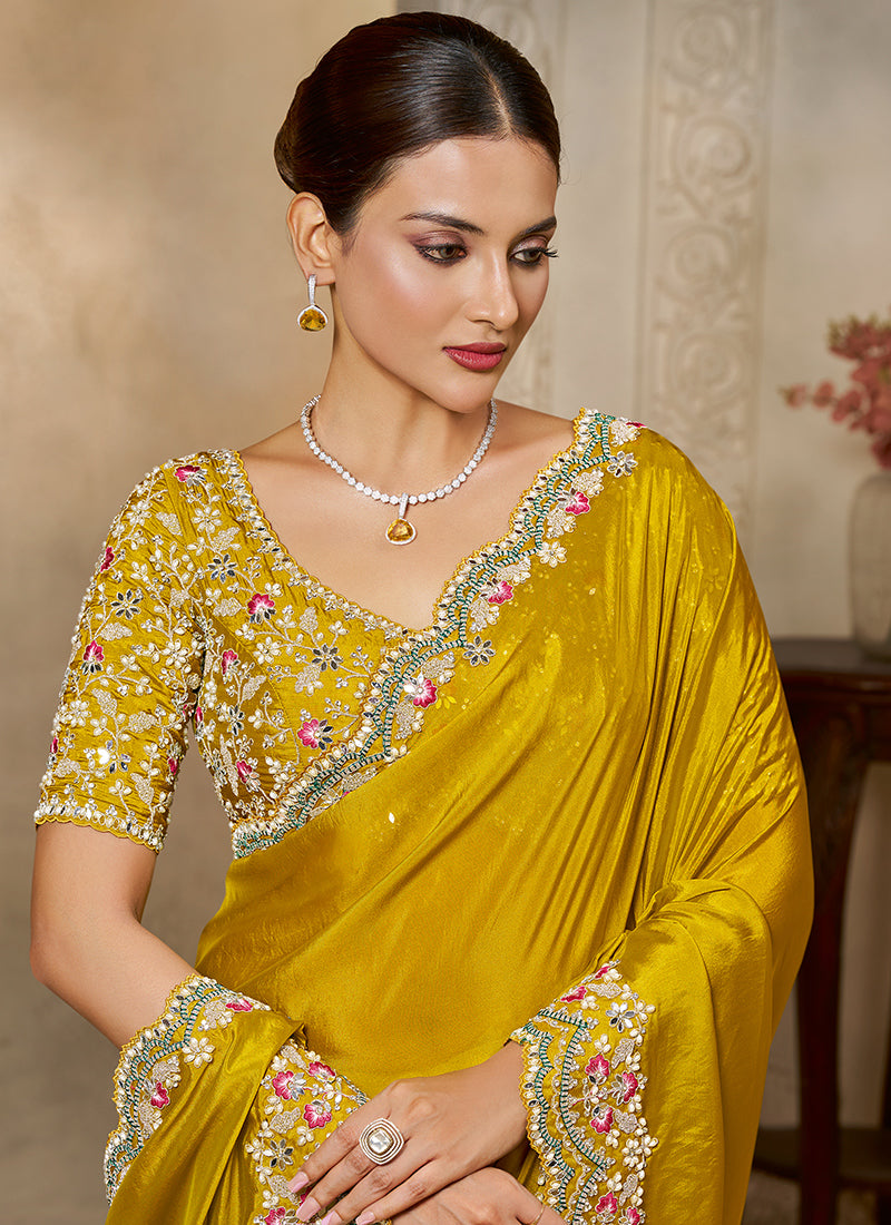 Satin Silk Mustard Wedding Wear Embroidery Work Saree 386112