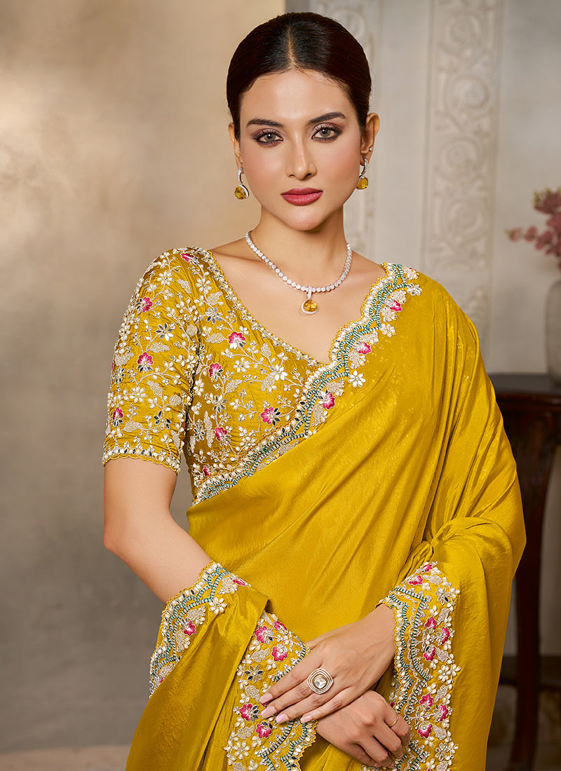 Satin Silk Mustard Wedding Wear Embroidery Work Saree 386112