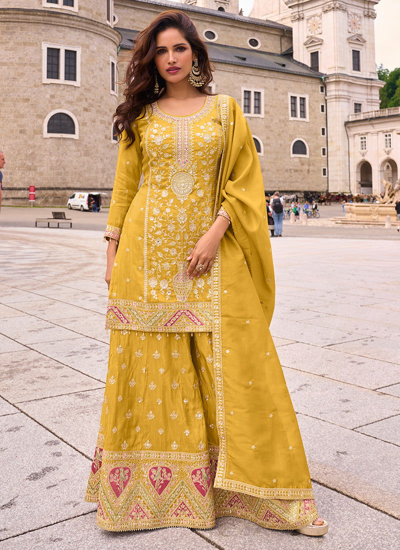 Mustard Shimmer Silk Embroidery Work Occasional Wear Readymade Plazzo Suit SW412372