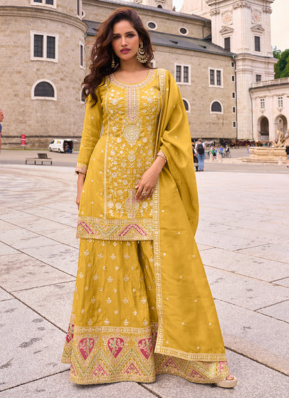 Mustard Shimmer Silk Embroidery Work Occasional Wear Readymade Plazzo Suit SW412372
