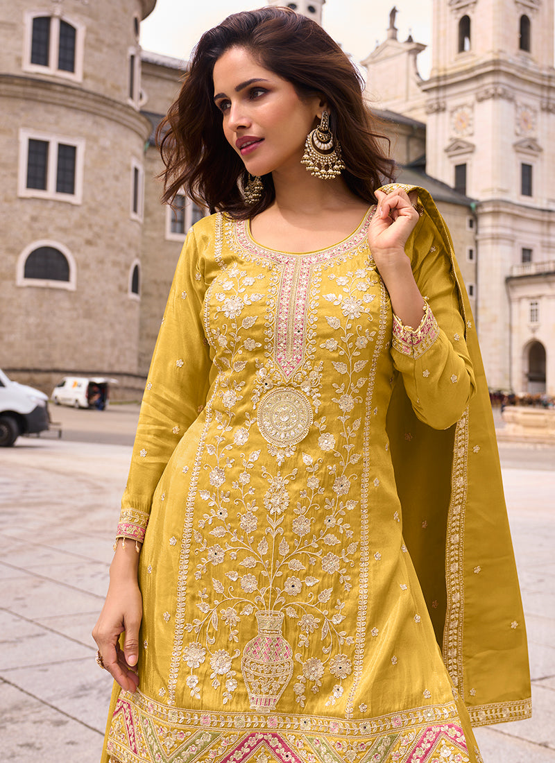Mustard Shimmer Silk Embroidery Work Occasional Wear Readymade Plazzo Suit SW412372