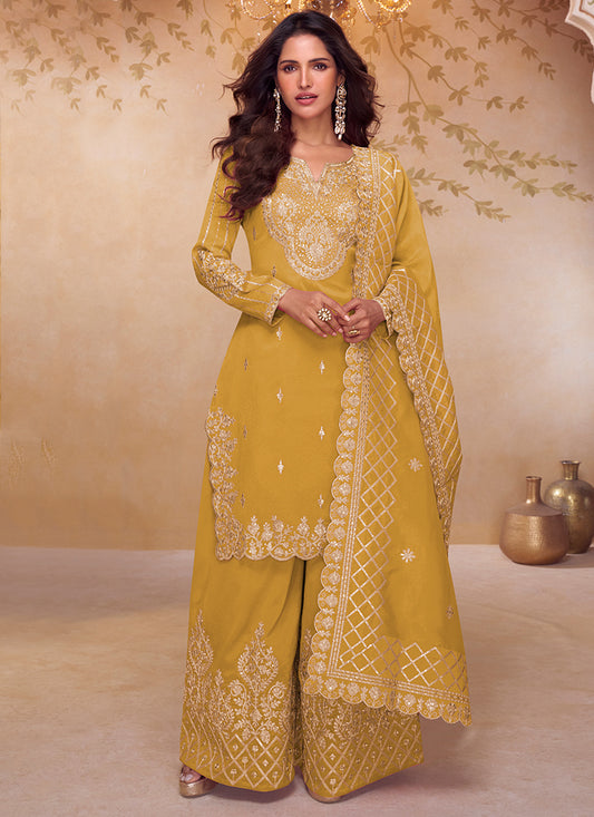 Shimmer Silk Mustard Party Wear Sequin Embroidery Work Readymade Ethnic Plazzo Suit 387228