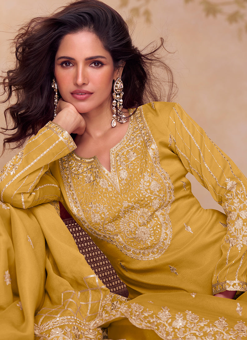 Shimmer Silk Mustard Party Wear Sequin Embroidery Work Readymade Ethnic Plazzo Suit 387228