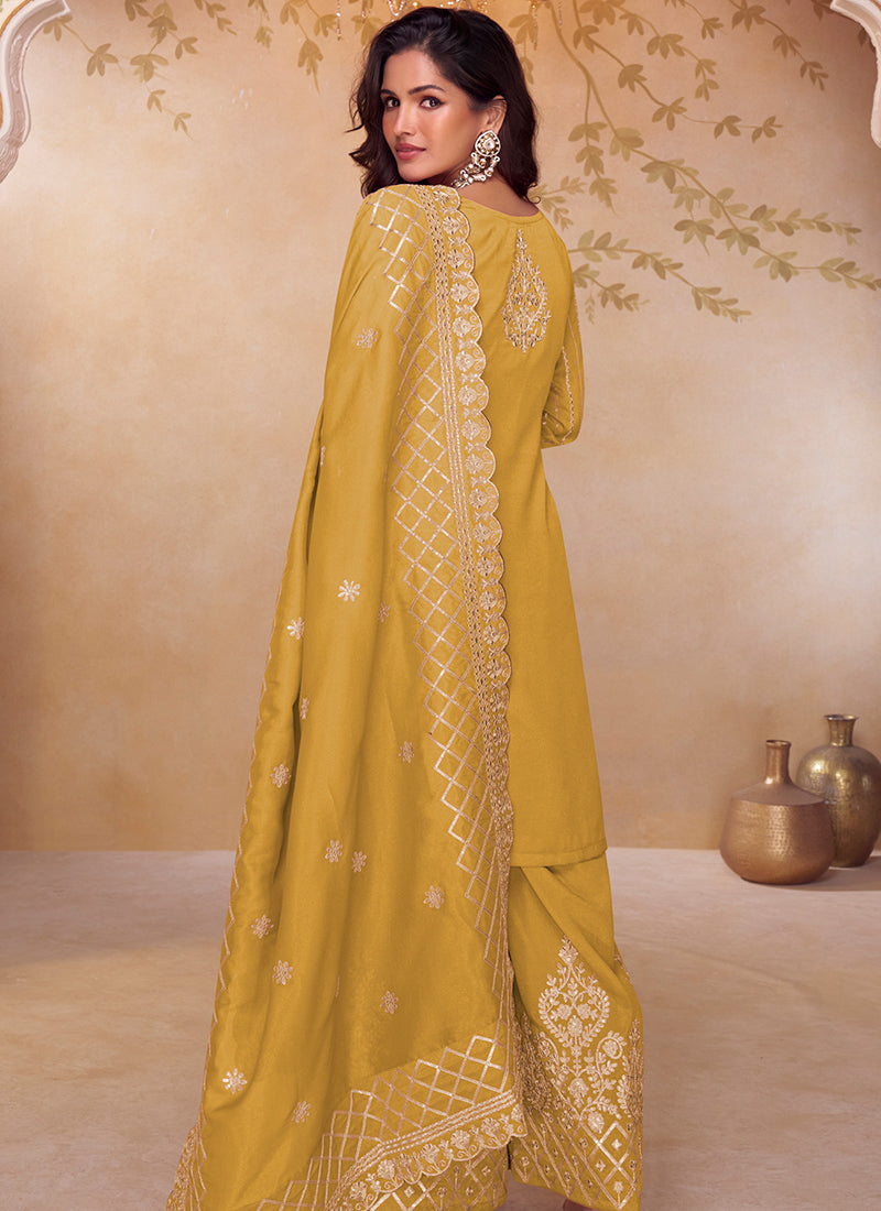 Shimmer Silk Mustard Party Wear Sequin Embroidery Work Readymade Ethnic Plazzo Suit 387228