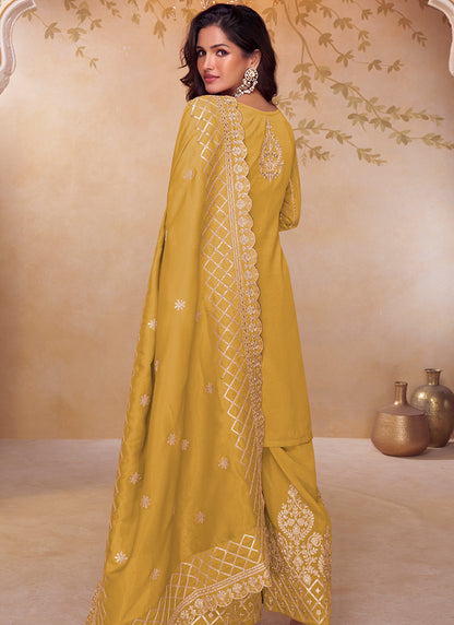 Shimmer Silk Mustard Party Wear Sequin Embroidery Work Readymade Ethnic Plazzo Suit 387228