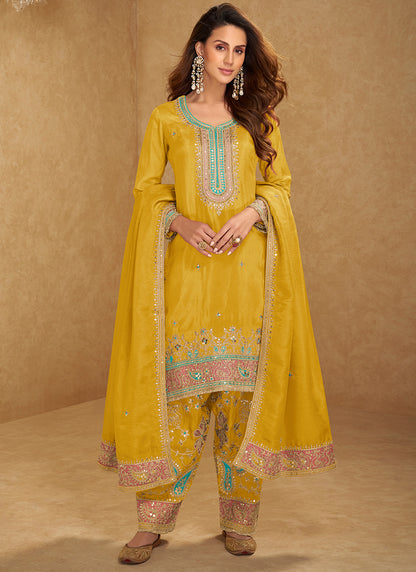 Shimmer Silk Mustard Wedding Wear Embroidery Work Readymade Patiyala Suit 385430