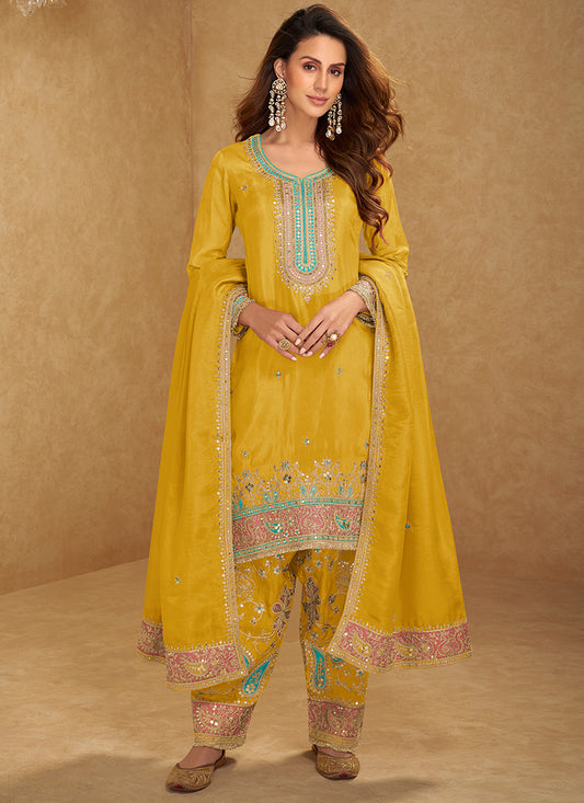 Shimmer Silk Mustard Wedding Wear Embroidery Work Readymade Patiyala Suit 385430
