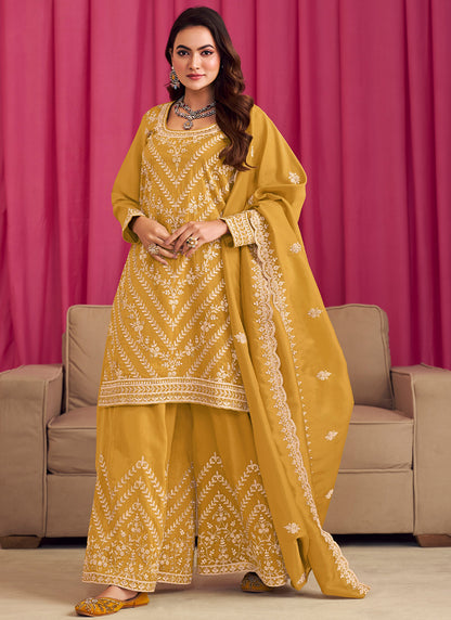 Shimmer Silk Mustard Wedding Wear Embroidery Work Readymade Plazzo Suit 385330