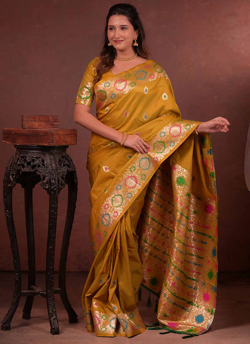 Silk Mustard Saree with Border Work for Wedding Wear 380890