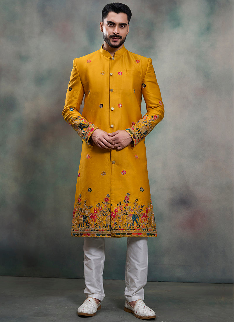 Mustard Silk Embroidery Work Wedding Wear Readymade 5 Pcs Suit SW338382