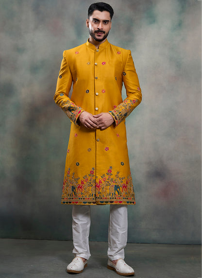 Mustard Silk Embroidery Work Wedding Wear Readymade 5 Pcs Suit SW338382