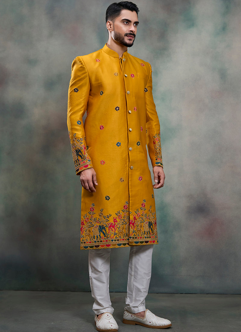 Mustard Silk Embroidery Work Wedding Wear Readymade 5 Pcs Suit SW338382