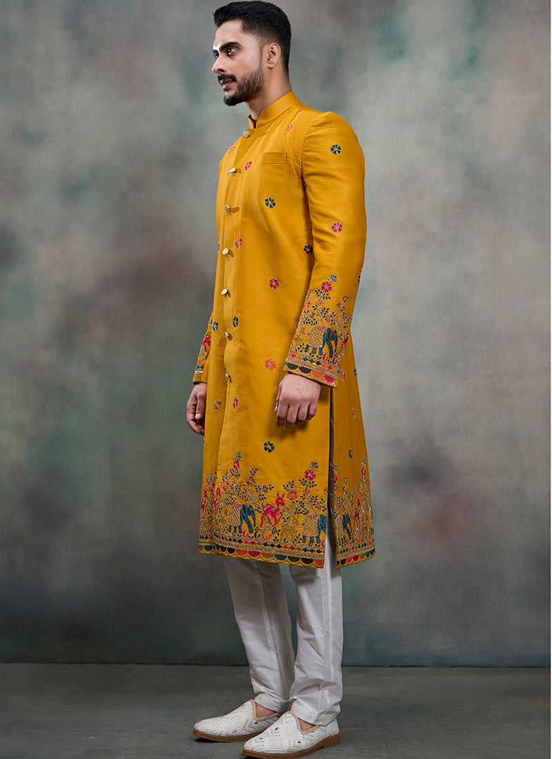 Mustard Silk Embroidery Work Wedding Wear Readymade 5 Pcs Suit SW338382
