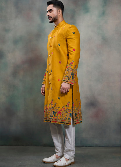 Mustard Silk Embroidery Work Wedding Wear Readymade 5 Pcs Suit SW338382