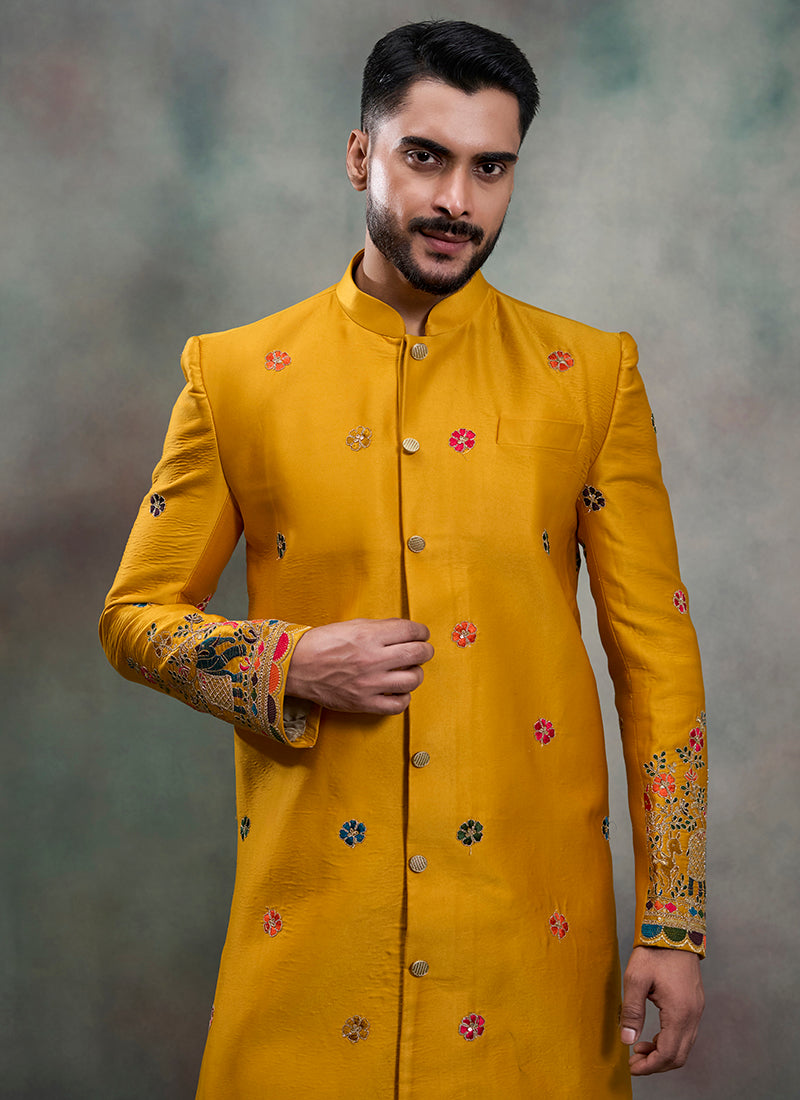 Mustard Silk Embroidery Work Wedding Wear Readymade 5 Pcs Suit SW338382