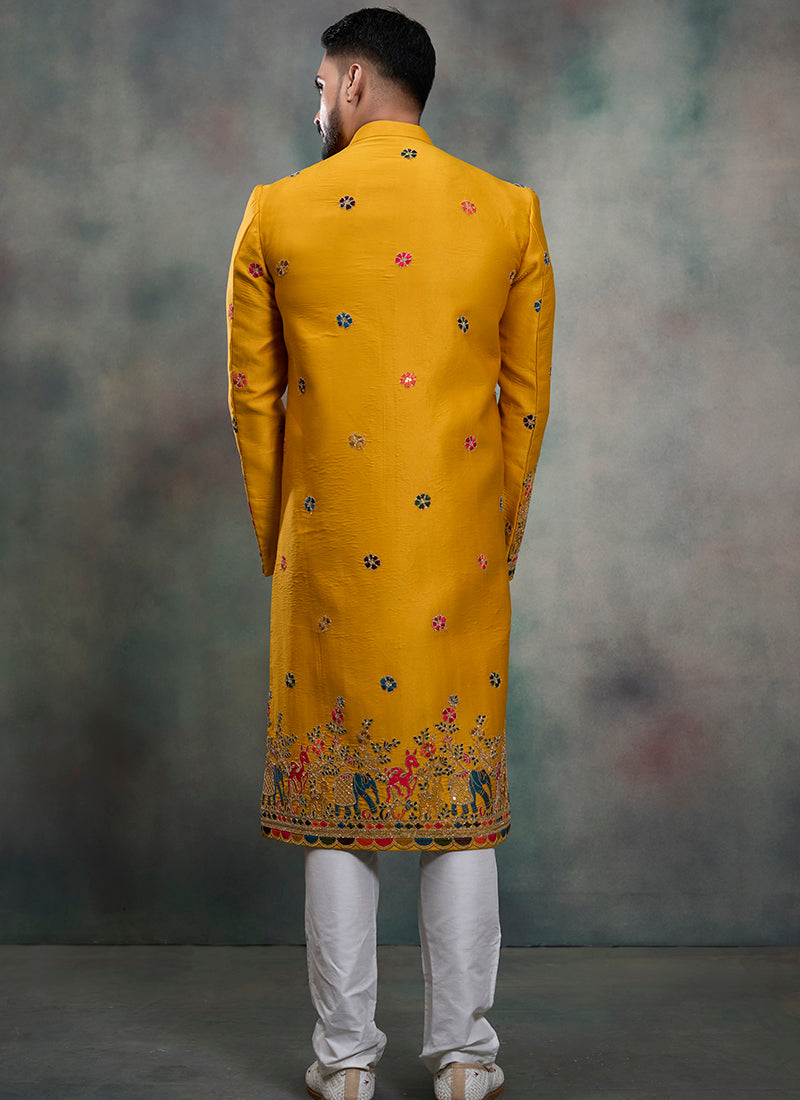 Mustard Silk Embroidery Work Wedding Wear Readymade 5 Pcs Suit SW338382