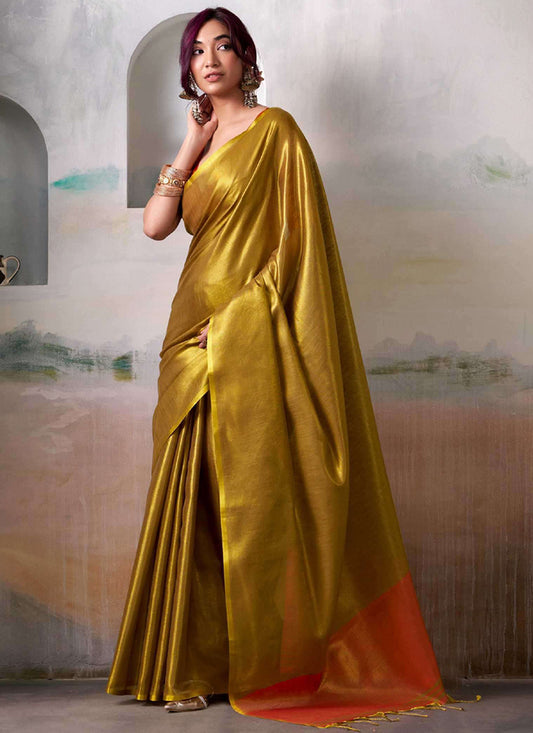 Tissue Silk Mustard Saree with Weaving Work for Occasional Wear 384348