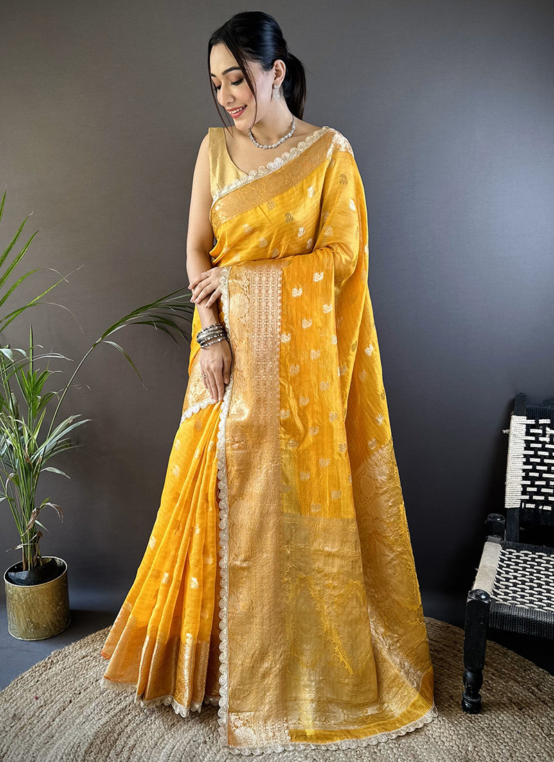 Tissue Silk Mustard Saree with Border Work for Wedding Wear 381063