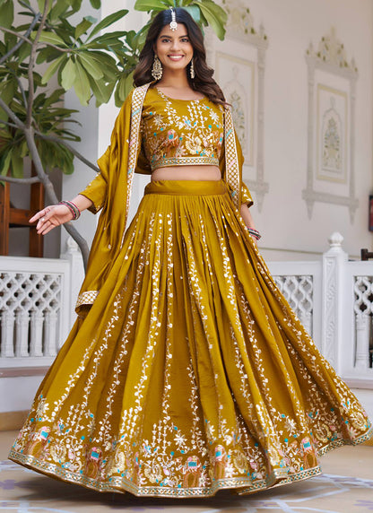 Vichitra Mustard Festival Wear Zari Embroidery Work Readymade Lehenga Choli 388470