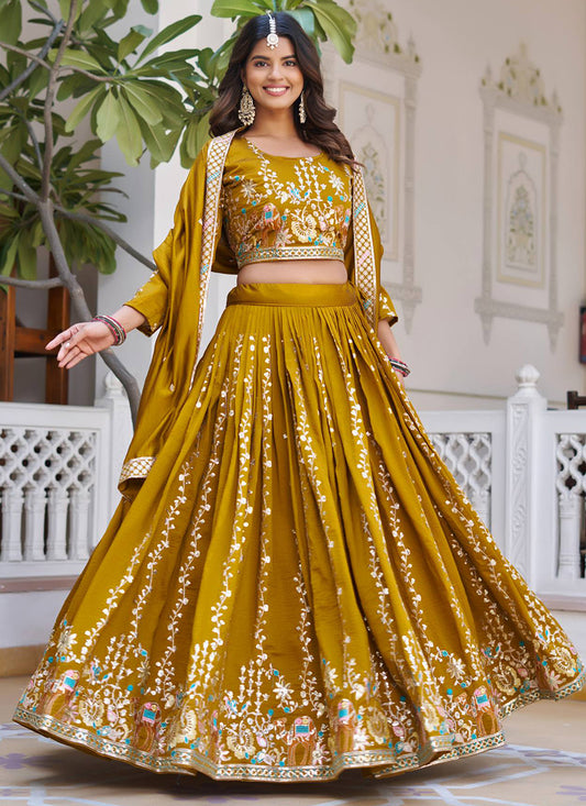 Vichitra Mustard Festival Wear Zari Embroidery Work Readymade Lehenga Choli 388470