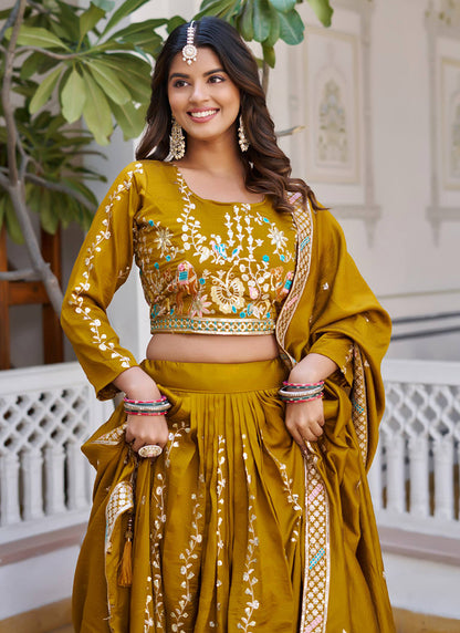 Vichitra Mustard Festival Wear Zari Embroidery Work Readymade Lehenga Choli 388470