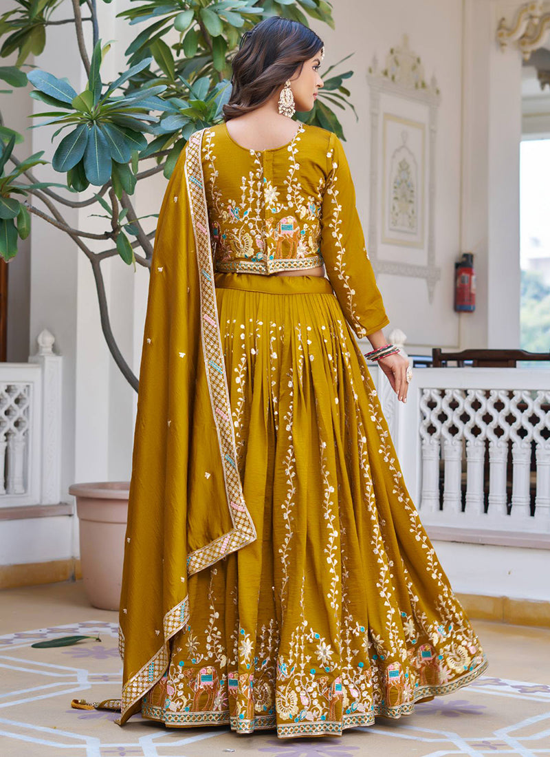 Vichitra Mustard Festival Wear Zari Embroidery Work Readymade Lehenga Choli 388470