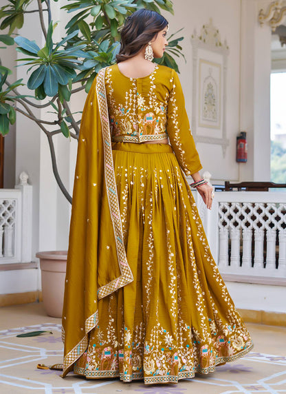 Vichitra Mustard Festival Wear Zari Embroidery Work Readymade Lehenga Choli 388470