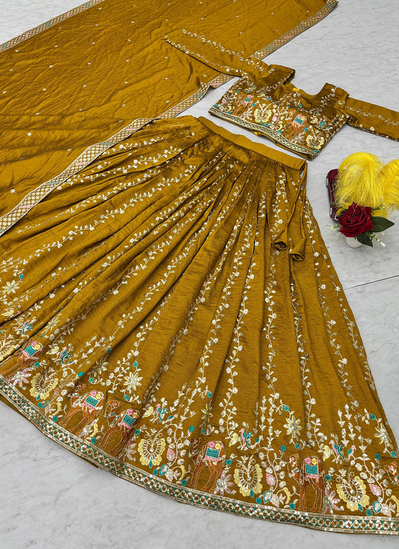 Vichitra Mustard Festival Wear Zari Embroidery Work Readymade Lehenga Choli 388470