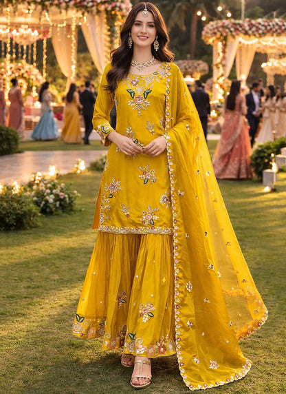 Mustard Viscose  Embroidery Work Festival Wear Readymade Sharara Suit SW746848