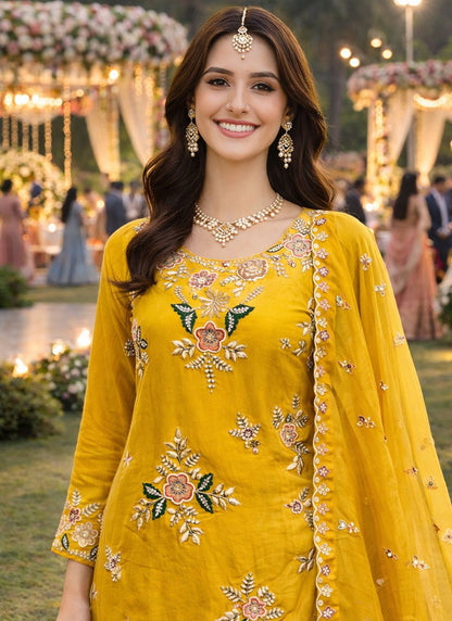 Mustard Viscose  Embroidery Work Festival Wear Readymade Sharara Suit SW746848