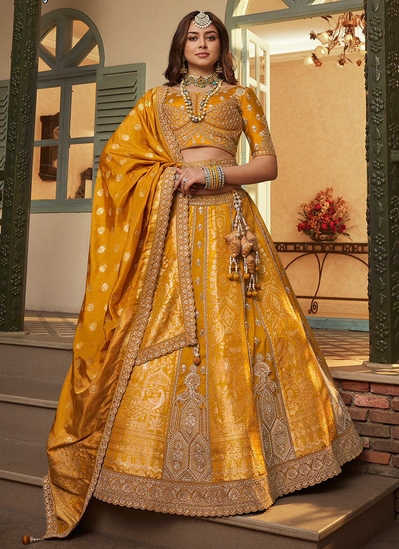 Mustard Yellow Banarasi Silk Weaving Work Wedding Wear Wedding Lehenga Choli SW582342