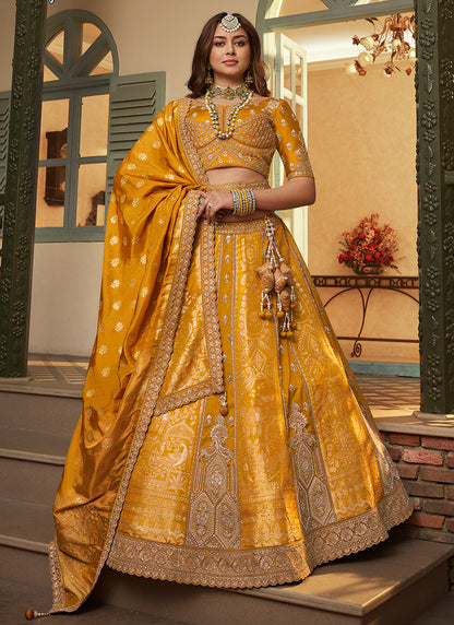 Mustard Yellow Banarasi Silk Weaving Work Wedding Wear Wedding Lehenga Choli SW582342