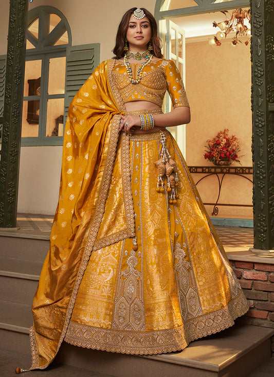 Mustard Yellow Banarasi Silk Weaving Work Wedding Wear Wedding Lehenga Choli SW582342