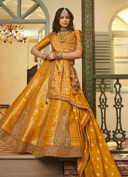 Mustard Yellow Banarasi Silk Weaving Work Wedding Wear Wedding Lehenga Choli SW582342