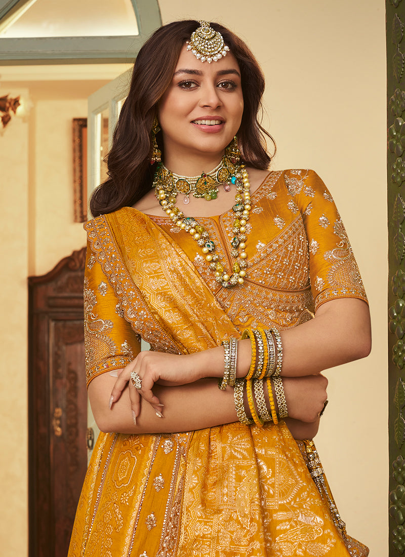 Mustard Yellow Banarasi Silk Weaving Work Wedding Wear Wedding Lehenga Choli SW582342