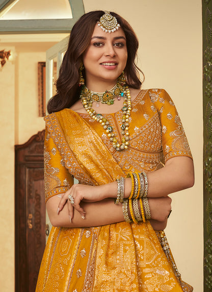Mustard Yellow Banarasi Silk Weaving Work Wedding Wear Wedding Lehenga Choli SW582342