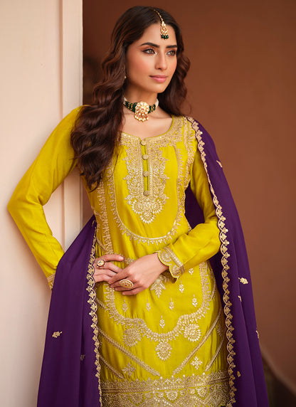 Mustard Yellow Chinon Silk Zari Embroidery Work Wedding Wear Readymade Plazzo Suit SW800577
