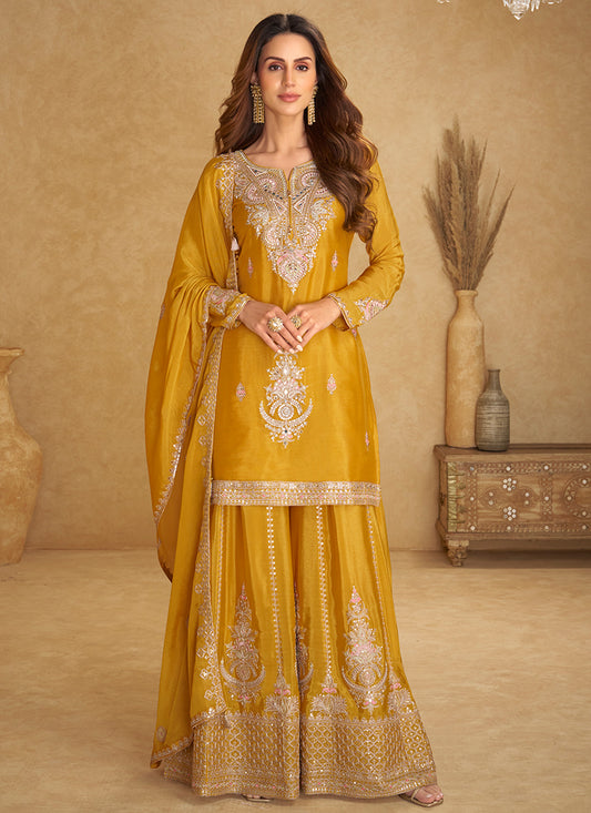 Mustard Yellow Chinon Zari Embroidery Work Wedding Wear Readymade Plazzo Suit SW216657
