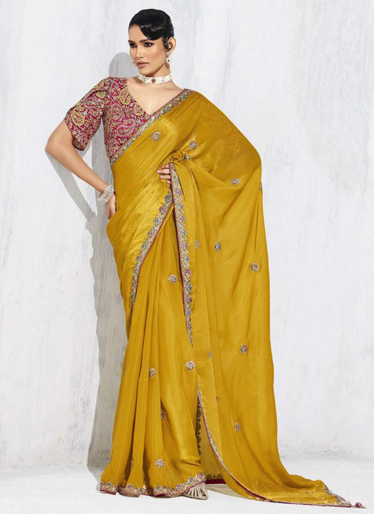 Fancy Fabric Mustard Yellow Designer Saree with Thread Embroidery Work for Wedding Wear 384473