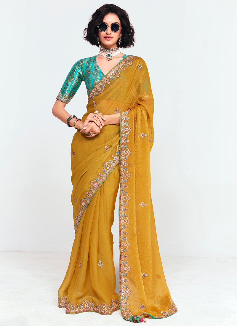 Mustard Yellow Fancy Silk Border Work Wedding Wear Wedding Saree SW705055