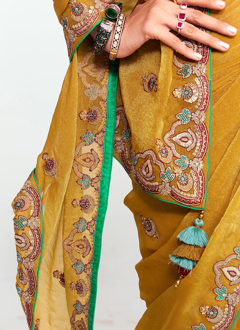 Mustard Yellow Fancy Silk Border Work Wedding Wear Wedding Saree SW705055