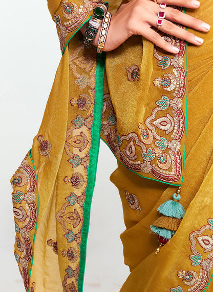 Mustard Yellow Fancy Silk Border Work Wedding Wear Wedding Saree SW705055