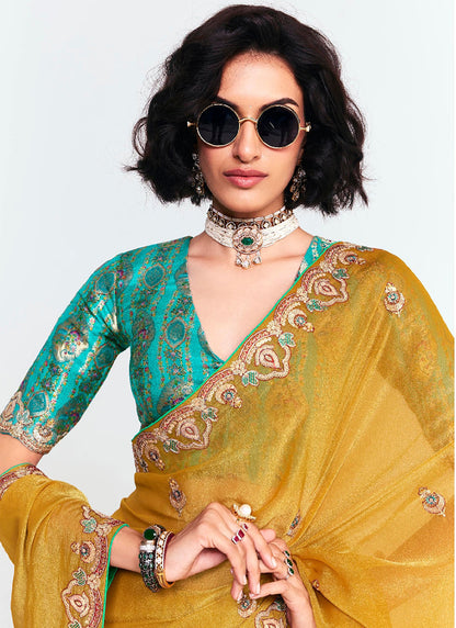 Mustard Yellow Fancy Silk Border Work Wedding Wear Wedding Saree SW705055