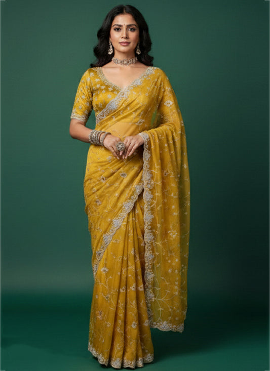 Satin Mustard Yellow Saree with Zari Work for Wedding Wear 384491