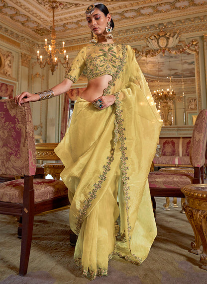 Soft Tissue Mustard Yellow Festival Wear Thread Embroidery Work Designer Saree 388255